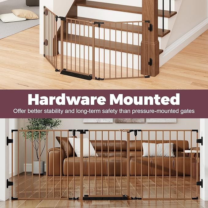 29.4-78" Extra Wide Baby Gate, Long Dog Gates Indoor for Stairs | Essential Large Gate for Child Toddler with Anti-Trip Pedal, Adjustable Pet Gate for Doorways, 28" Tall 3 Metal Panels Brown