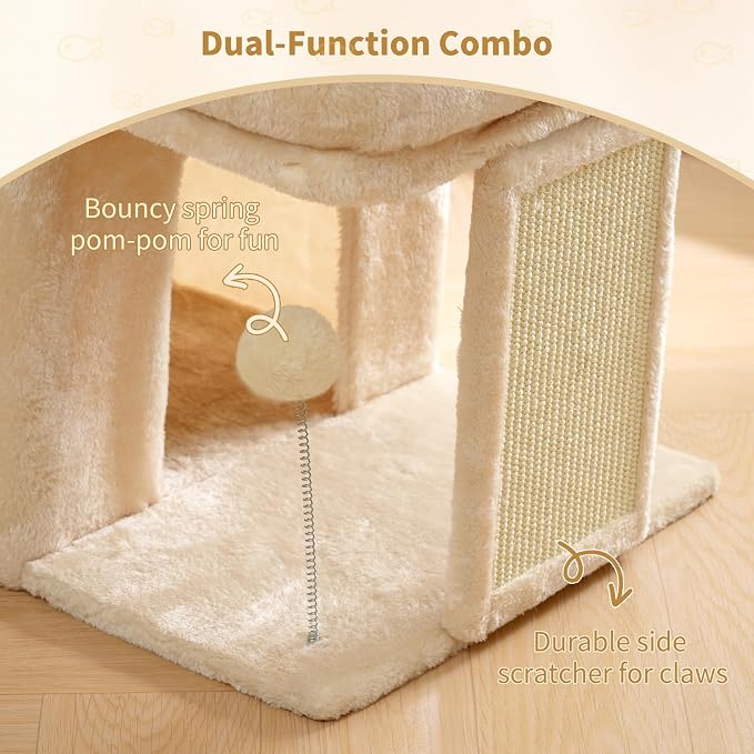 Heybly Cat Tree, 14" Cat Tower with Large Cat Bed & Condo HCT203SM | Cat Furniture for Indoor Cats Large Adult, Cat House with Scratching Posts and Spring Balls for Kittens, Beige