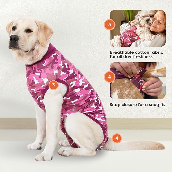Suitical Recovery Suit for Dogs | Spay and Neutering Dog Surgery Recovery Suit for Male or Female | Soft Fabric for Skin Conditions | M+ | Neck to Tail 24.0”-28.3” | Pink Camouflage
