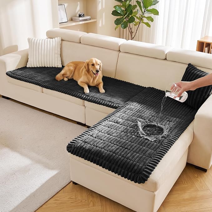 FUANGUI 2 Pack Waterproof Couch Cover for Dogs Pets Sofa Protector | Non-Slip Washable Fuzzy Soft Sofa Slipcover for 2 PCS L Shaped Sofa Pet Friendly, 27.6" x 70.9"+27.6" x 82.7", Black
