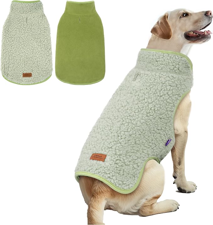 cyeollo Warm Dog Coat Fleece Sherpa Winter Sweater, Reversible Large Dogs Jacket Vest with Leash Hole, Soft Coats for Large Dogs Cold Weather, Green, XXXL
