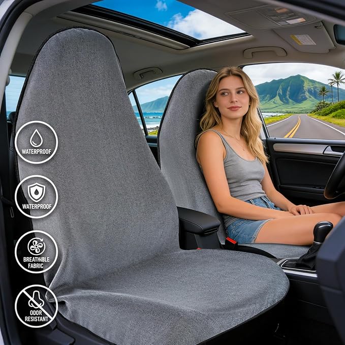 ZIMABLUE 2 Pack Waterproof Towel Car Seat Covers, 1kg Heavy Duty 3-Layer Microfiber Sweat Protector, Non-Slip Machine Washable Universal Bucket Seat Covers for Cars, SUVs, Gym, Beach, Pets, Gray