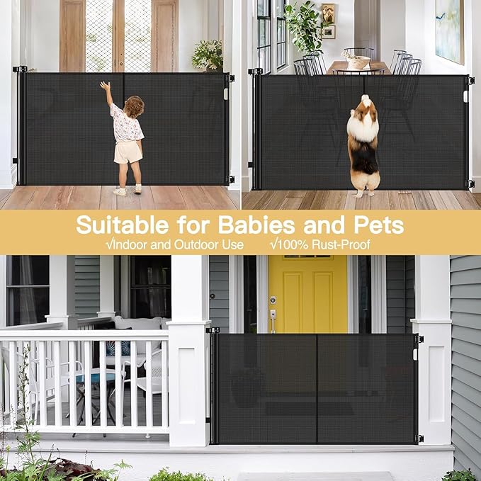 Reinforced 42" Tall Pet Gate 55" Wide Retractable Baby Gate, Indoor/Outdoor | Tall Retractable Dog Gate Prevents Crawling Under, One-Hand Operation Safety Lock, Scratch-Resistant Mesh, Easy Install/Black