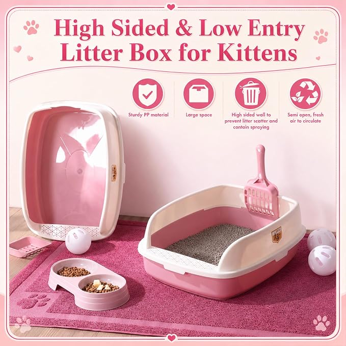 Sliner 7 Pcs Kitten Litter Box Starter Kit, 2 Plastic Small Kitty Litter Box Training Low Entry with Scoop, 2 Double Cat Bowl and Mat for Kitten Indoor (Pink)
