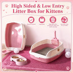Sliner 7 Pcs Kitten Litter Box Starter Kit, 2 Plastic Small Kitty Litter Box Training Low Entry with Scoop, 2 Double Cat Bowl and Mat for Kitten Indoor (Pink)
