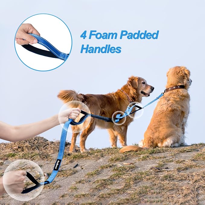 PetBonus Double Dog Leash, No Tangle Dual Leash, Walking Training Lead | 4 Comfortable Padded Handles, Adjustable, Reflective, For Two Large Medium Dogs, Collapsible Bowl and Waste Bags, Light Blue