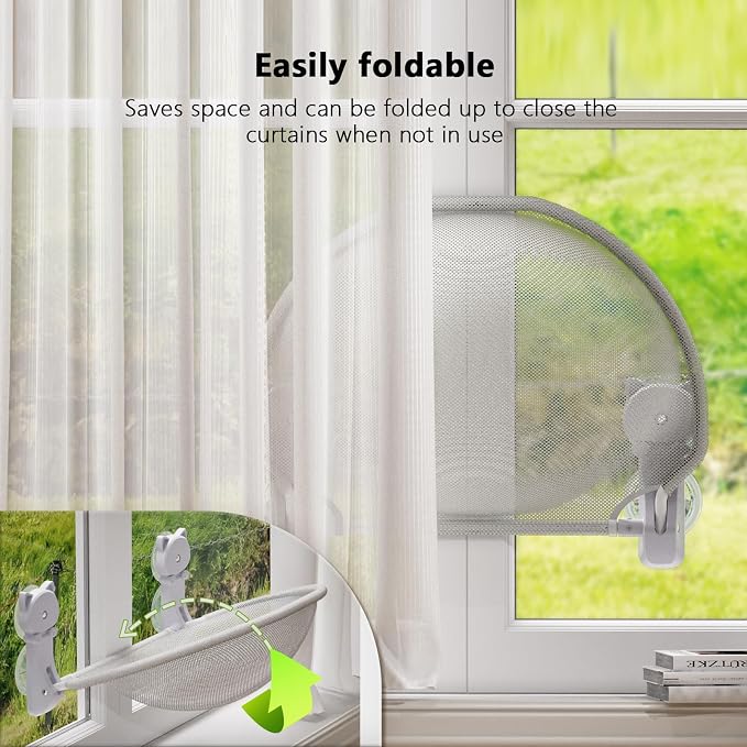 Cat Window Perch Cordless, Glow in The Dark & Stable Cat Beds- Breathable Window Hammock for Overlooking, Sunbathing and Climbing - Maximum Hold Up to 40lb(Light Grey)
