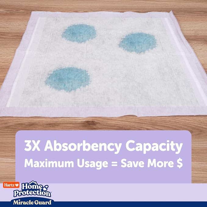 Hartz Miracle Guard Dog and Puppy Dog Pads Max Absorbency 24 Hour Use Odor Eliminating Lavender Scented No Leaks, Regular Size 50 Count