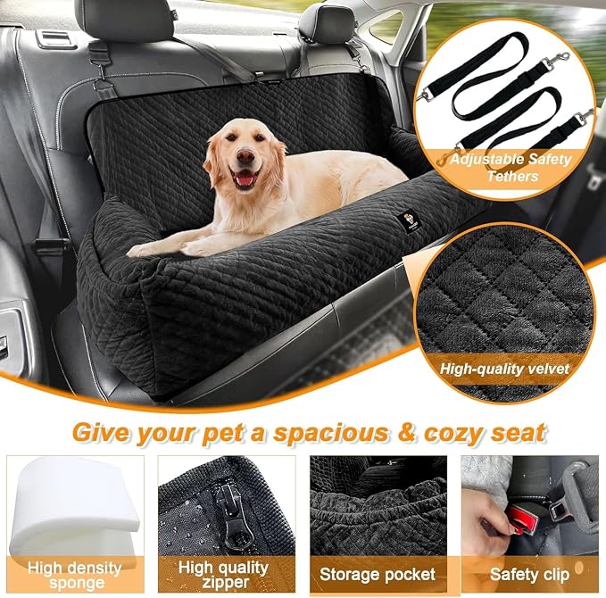 Dog Car Seat for Large Dogs Under 100 LBS,Dog Car Bed Washable Pet Travel,Super Soft Safe Removable Pet Booster Seat-Black