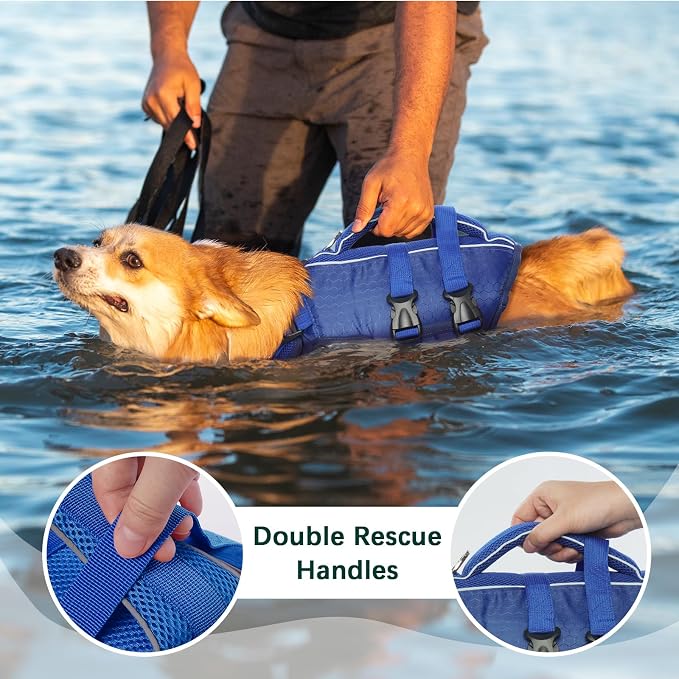 Kuoser Dog Life Jacket, High Flotation Reflective Dog Life Vest, Navy, M | Adjustable Dog Lifejackets for Small Medium Large Dogs, Lifevest with Rescue Handle for Swimming, Boating, Lake, Beach & Pool