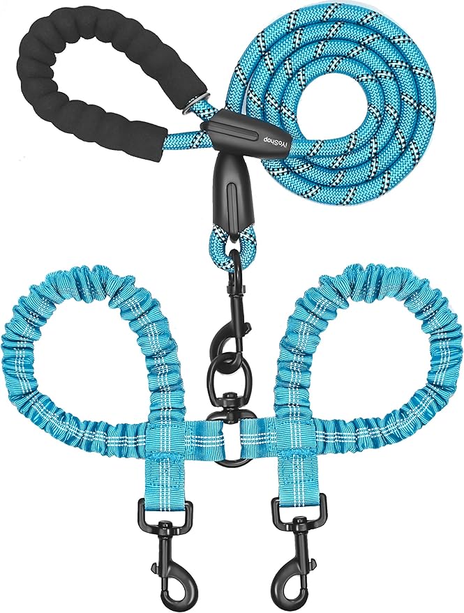 iYoShop Dual Dog Leash - 360° Swivel, No Tangle Walking Leash with Shock Absorbing Bungee for Two Dogs (Large, 25-150 lbs, Blue)