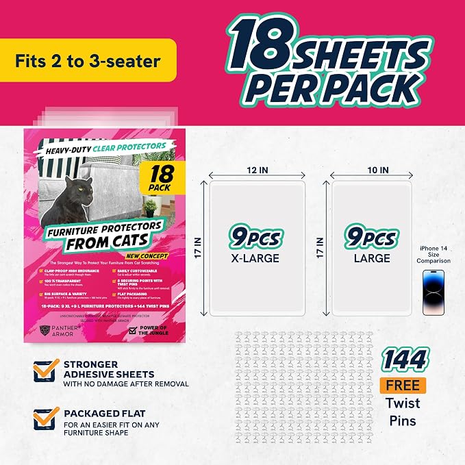 Panther Armor Cat Furniture Protector, 18 Clear Sheets with Twist Pins | Solid barrier shield, not a sticky deterrent. Couch protector from cat claws. 9 XL plus 9 large sheets, removable