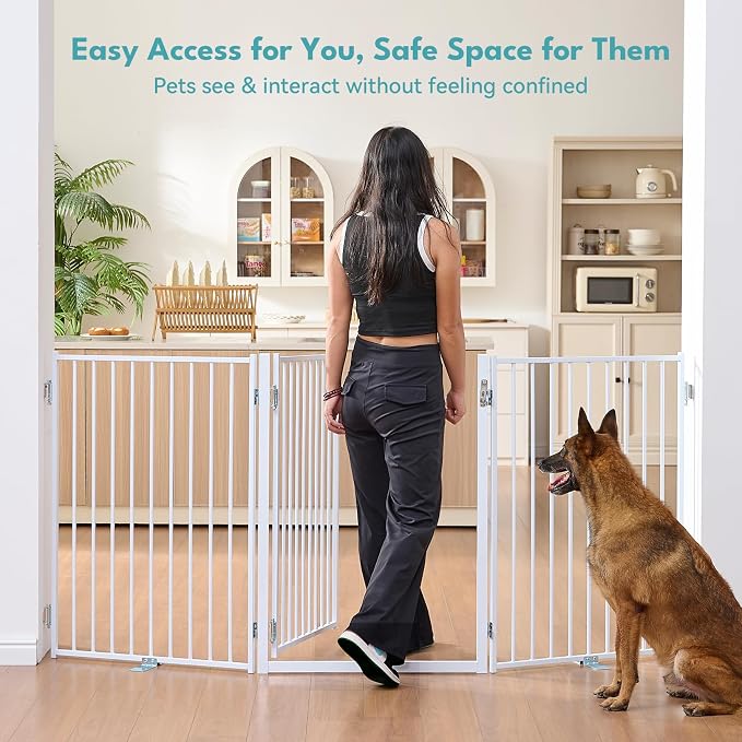 No Pawblems Full Metal Free Standing Dog Gate with Door, 36'' Tall | Foldable Dog Fence for Indoor & Outdoor, Up to 78 Inch Extra Wide Pet Gate for Stairs, Doorways, Deck, Yard, 3 Panels, White