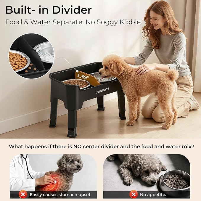 URPOWER Mess Proof Elevated Dog Bowls for Small Dogs with Splash Guard | 4 Height Adjustable Raised Stand with 2 Stainless Steel Food Bowls & Licking Plate for Small, Medium & Large Dogs