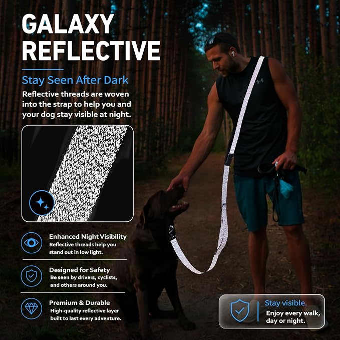 Hands Free Dog Leash,Galaxy Reflective,Crossbody Dog Leash,Blue | Galaxy Reflective • High Visibility • Emergency Control Handle • Heavy-Duty Hardware