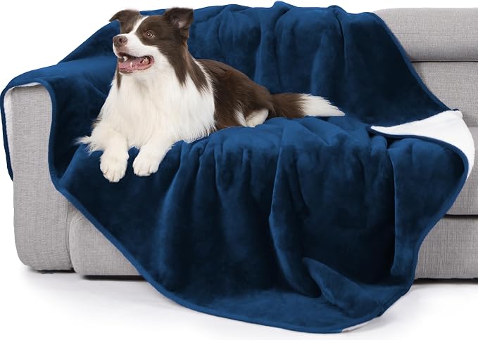 gogobunny Waterproof Bed Blanket, Reversible Sherpa Fleece Throw Blanket for Dog Puppy Cat, Furniture Cover Protects Bed Couch Sofa from Liquid Pee and Pet Fur (Navy Blue, 60x80 inches)