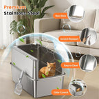 Stainless Steel Litter Box with Metal Lid and Scoop - Enclosed Metal Litter Box for Large Cats, Rust-Resistant, Odor-Control, Easy to Clean, Durable & Long-Lasting with Round Edge (XXL-)