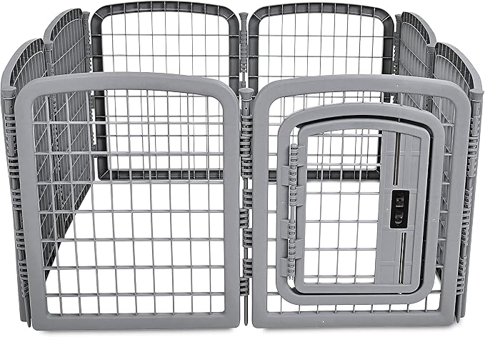 Amazon Basics 8-Panel Octagonal Plastic Dog Playpen, Indoor/Outdoor Pet Fence with Gate, Exercise Pen for Puppies and Small Animals, 28 inches, Grey