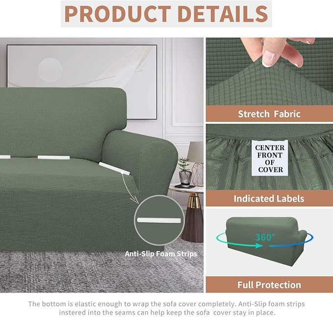 Easy-Going 100% Waterproof Couch Cover, 3 Cushion Oversized Sofa Cover | Leakproof Sofa Slipcover, Stretch Jacquard Furniture Protector Against Stain Spill from Kids, Pets, Dog, Grayish Green