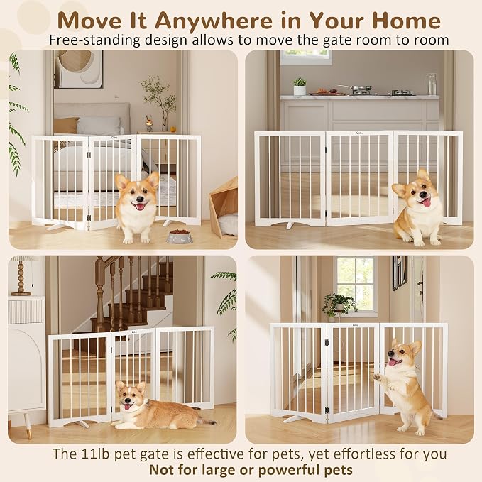 Free Standing Dog Gate Indoor, Foldable Dog Gate for Stairs Doorways | 3-Panel Freestanding Pet Gate with Support Feet for Stability, Folding Puppy Gate Easy to Move, Doggy Gate 54"x24", White
