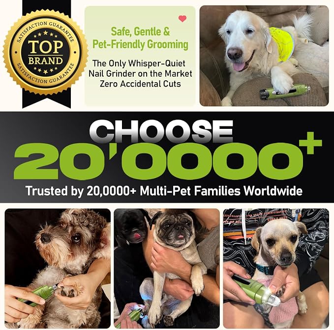 Whisper-Quiet Dog Nail Grinder 50%More Power for Sensitive Dogs,Cat | 6-Speed Pet Nail Trimmer with LED Display & 4 LED Lights, 3 Grinding Bits, No Over-Cutting,Stress-Free Grooming for All Pets