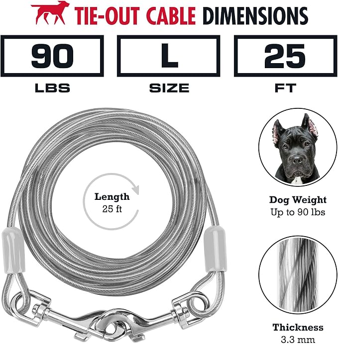 Tuff Pupper Dog Tie Out Cable, 25 ft Heavy Duty Lead for up to 90 lb Dogs | Extra-Strong Coated Steel Wire for Large Dogs; Water/Rust Resistant Yard Runner Line with 360-Degree No-Tangle Swivel Clips