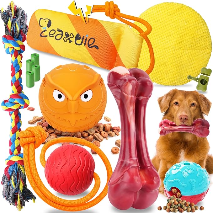 Zeaxuie 12 Pack Heavy Duty Various Dog Chew Toys Pack for Aggressive Chewers - Includes Large Rope Toys, Squeaky Toys & Indestructible Chew Bone for Medium, Large & X-Large Dogs (for Powerful Chewers)