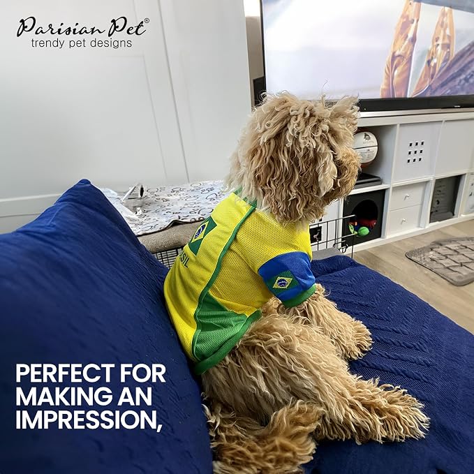 Parisian Pet Team Brazil Dog Jersey - Breathable Mesh Puppy Football Jersey - Lightweight Stretch Sporty Dog Clothes - Summer Shirts for Small Dogs - Soccer Jersey for Dogs - Sportswear Pet Clothes