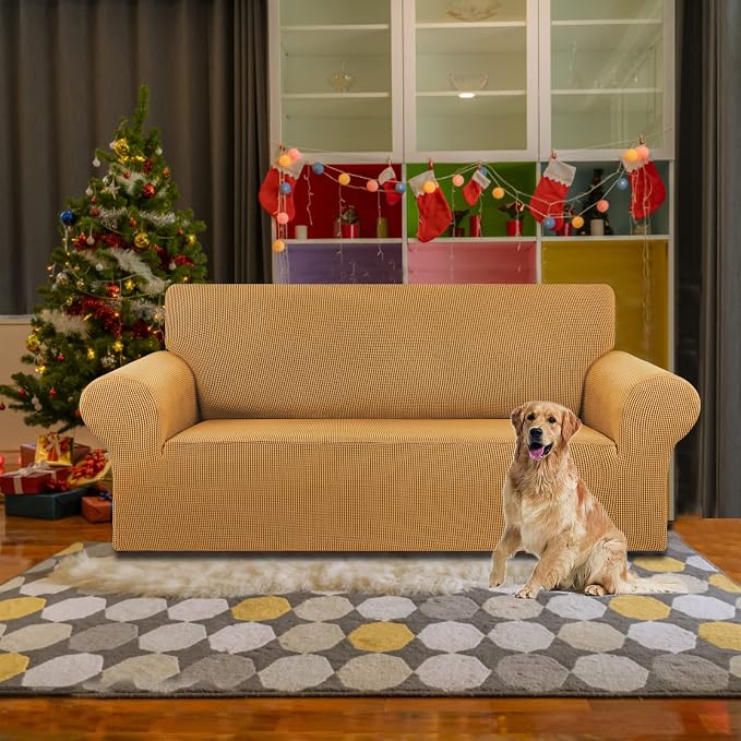 Stretch Loveseat Couch Cover, 2 Cushion Couch Slipcover,Golden | 1-Piece Washable Sofa Cover Pet Friendly (55"-78") Furniture Protector Soft Jacquard, Elastic Bottom for Dogs & Kids