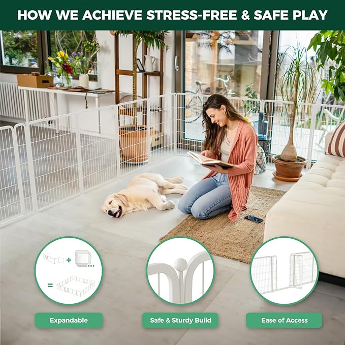 FXW Homeplus Indoor Dog Playpen, 40" H, 12 Panels, for Medium & Large Dogs | Stress-free play, Heavy-duty, Semi-open design, Easy setup, Threshold-free gate, Expandable, Patented
