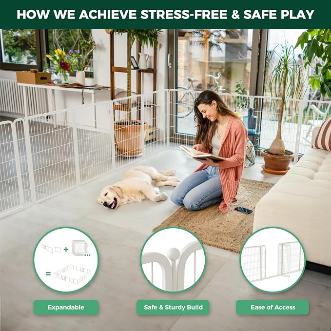 FXW Homeplus Indoor Dog Playpen, 40" H, 16 Panels, for Medium & Large Dogs | Stress-free play, Heavy-duty, Semi-open design, Easy setup, Threshold-free gate, Expandable, Patented
