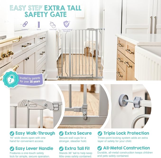 Regalo Safety 36" Extra Tall Baby Gate, Bottom of Stairs & Doorways | Fits Openings 29"-36.5" Wide, Pressure Mounted with Door, For Babies, Toddlers & Pets, Platinum