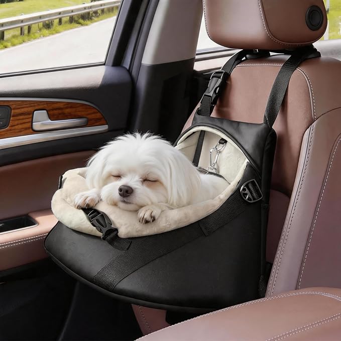 YUDODO Teacup Dog Car Seat - Design for Tiny Dogs up to 7 lbs with Cushion | Elevated View, Rear Pass-Through, Front Carrier, Vegan Leather, Safe & Durable, Waterproof, Wipe Clean, Black