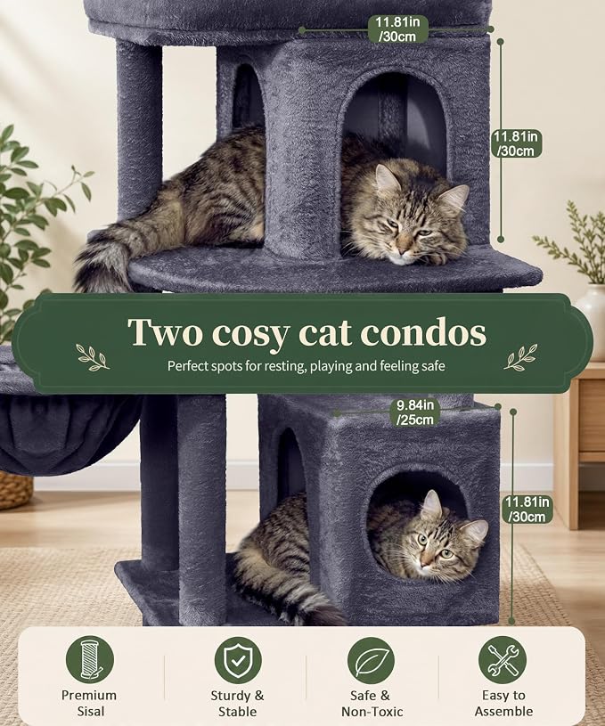 68 Inches Heavy Duty Cat Tree for Indoor Cat, Big Cat Tower | Cat Houses & Tree Tower with 2 Condos, Sisal Scratching Posts & Large Platform for Indoor Cats Large Adult, Dark Grey