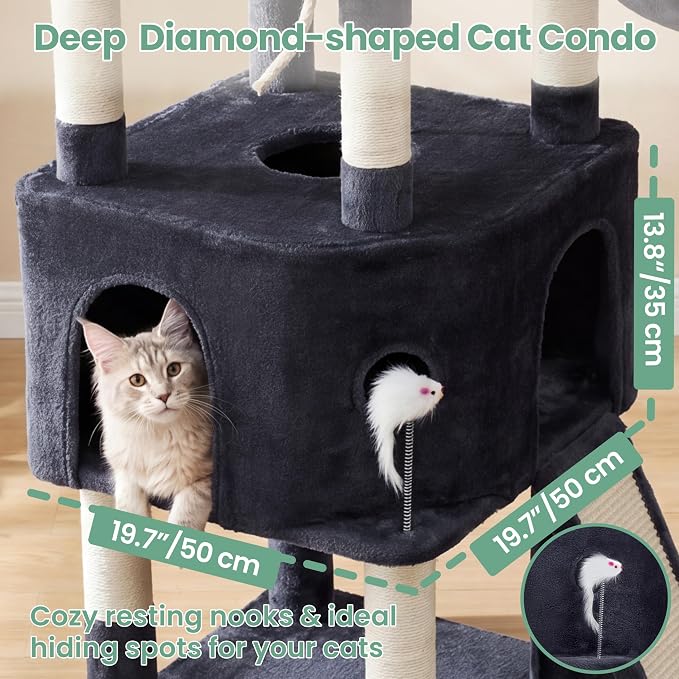 Cat Tree, 61" Tall Cat Tower, Diamond-Shaped Cat Cave VCT001G | Cat Condo with Wide Top Perch & Basket, Sturdy Scratching Post, Interactive Toy for Large Indoor Cats, Smoky Gray