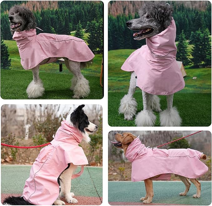 MAMORE Dog Raincoat, Waterproof Rain Jacket for Small Medium Large Dogs, Windproof Reflective Adjustable Breathable Pet Rain Coat with Storage Pocket and Leash Holes (Pink, 2X-Large)