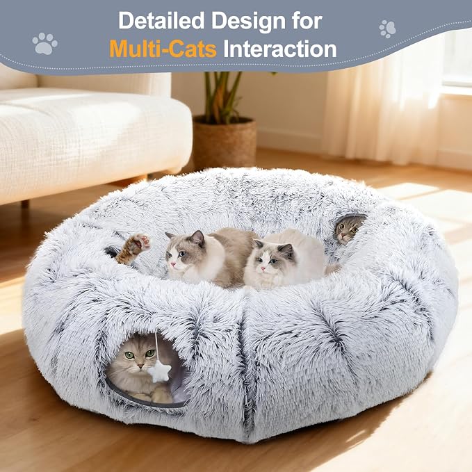 Cat Tunnel Bed for Indoor Cats, XL Christmas Tree Skirts Washable Warm Soft Indoor Cat Donut Tunnel, Multifunctional Cat Interactive Playground Toys for Felines Pet Christmas Tree Decoration