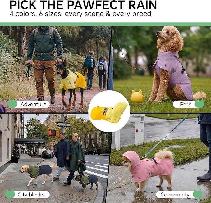 Luciphia Dog Raincoat, Adjustable Hooded Reflective Jacket with Pocket | Yellow medium dog rain jacket with leash hole, buckle-on, non-stick fur. For daily walks.