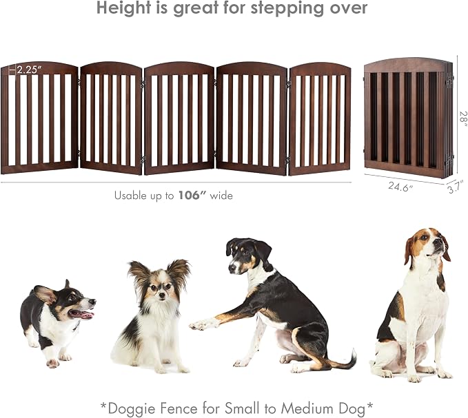 SPIRICH 120" Extra Wide 28" Tall Dog Gate Indoor, Dog Gates for Doorways, Stairs, The House, Wooden Freestanding Foldable Pet Gate, Step Over Puppy Safety Fence, 5 Panels, Brown