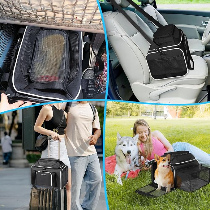 Petskd Top and Side Expandable Small Pet Carrier Airline Approved, Black | 17"Lx11"Wx9.5"H, for Alaska Airlines, Pets Under 10 Lbs, Lockable Zippers,Soft-Sided, Anti-Scratch Mesh