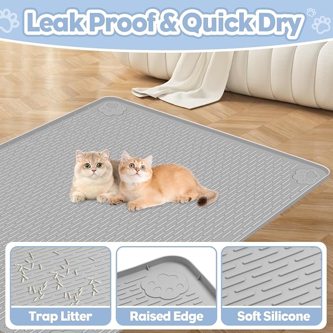 Kalolary Cat Litter Box Mats, Large 34" x 22" Silicone Cat Mat | Easy to Clean Kitty Litter Trapping Mat, Soft on Kitty Paws, Waterproof, Urine-Proof Kittys Litter Mats for Floor, Light Grey