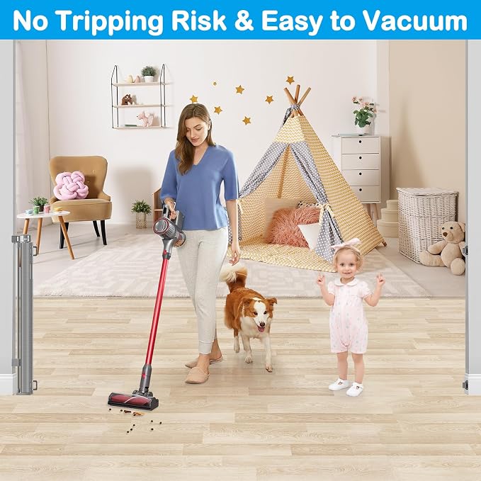 Reinforced 42" Extra Tall X 120" Extra Wide Retractable Dog Gate for Doorways Wide Pet Gate Indoor Prevent Kid/Pet Jumping Over Tall Retractable Baby Gates for Dogs Outdoor Dog Gates for Doorways,Gray
