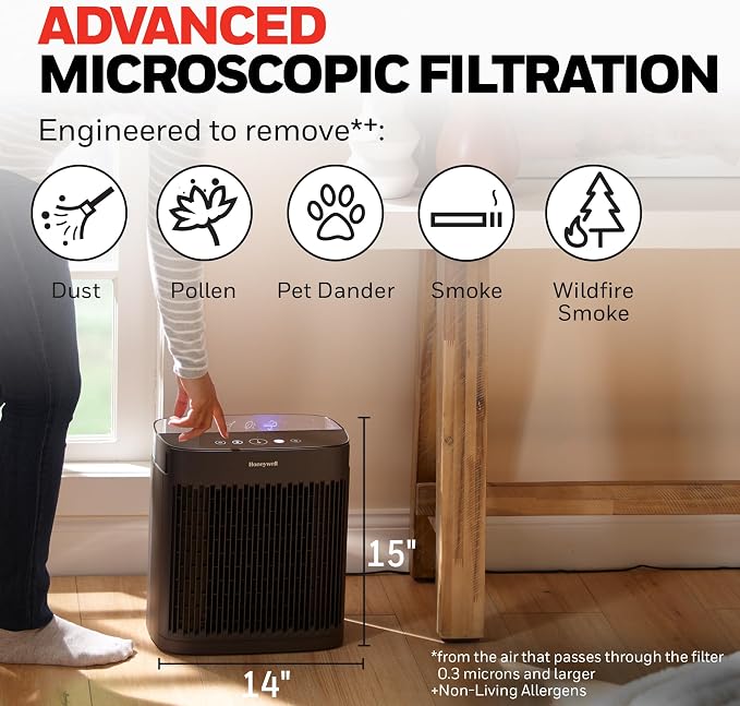 Honeywell HEPA Air Purifier for Home and Small-Medium 938 Ft² Rooms, Black | Powerful HEPA Filtration with Quiet, Clean, Turbo and Auto Modes, Reduces Allergens, Dust, Pollen, Pet Dander, Odors, Smoke