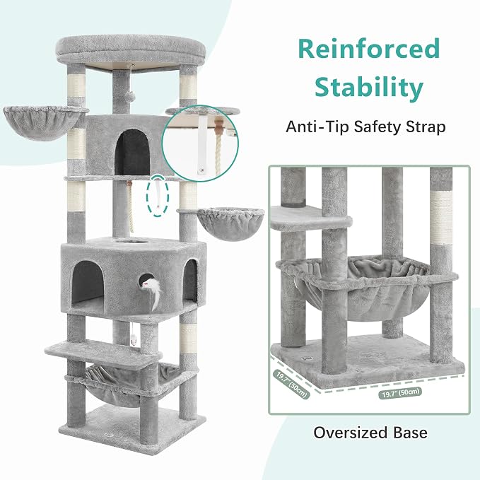 Cat Tree, 81.1" Skyward Corner Cat Tower for Large Cats VCT031W | Space-Smart Cat Furniture with Diamond Hideout, Grand Platform, Firm Base, 3 Soft Hammock & Pet Relax Station, Light Gray