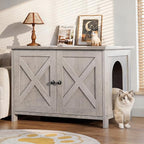 Shintenchi Cat Litter Box Enclosure, Litter Box Furniture Cabinet Hidden with Removable Divider, Wooden Cat House with End Table, Grey, 31.5 inch
