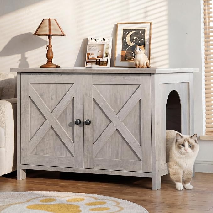 Shintenchi Cat Litter Box Enclosure, Litter Box Furniture Cabinet Hidden with Removable Divider, Wooden Cat House with End Table, Grey, 31.5 inch