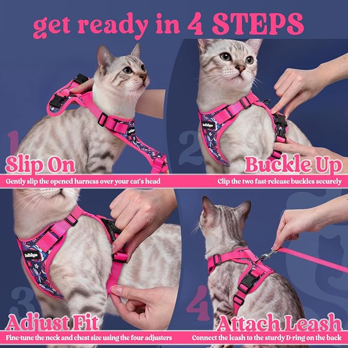 rabbitgoo Cat Harness and Leash Set, Escape Proof Vest, Coconut Fuchsia | Soft Breathable Mesh, Easy Adjustable Fit, Snap Buckles, Sturdy Clip, Reflective Strips, for Medium to Large Cats Walks, M