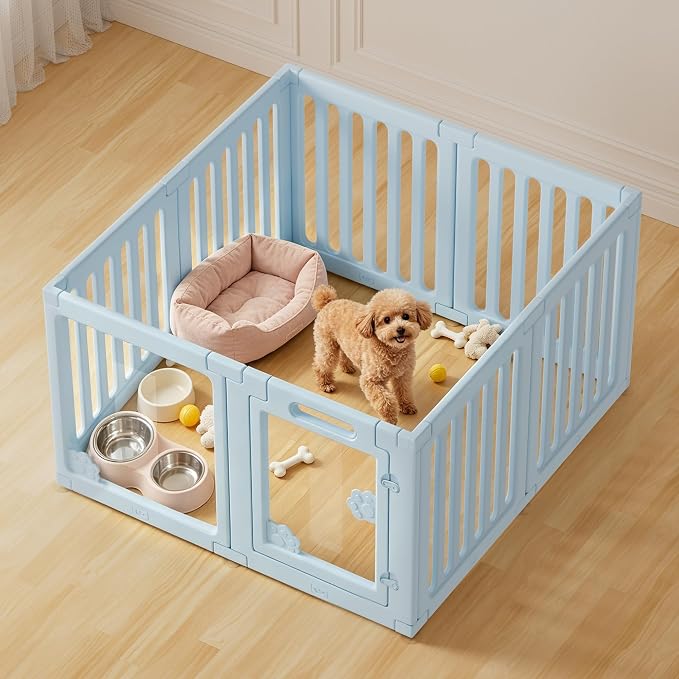 Acrylic Indoor Dog Playpen, 24" H 8 Panels DIY Puppy Playpen, Blue | Indoor & Outdoor Dog Play pen with Heavy Duty Door Lock, Easy-Assembly&Clean Door Pet Fence for Dogs Puppy,Cats,Rabbits