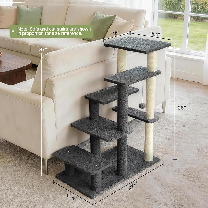5-Step Pet Steps for Cats/Dogs, Cat Stairs with Sisal Scratching Post, Cat Steps for Older Cats with Enlarge Perch, Pet Stairs for High Bed and Couch, Gray