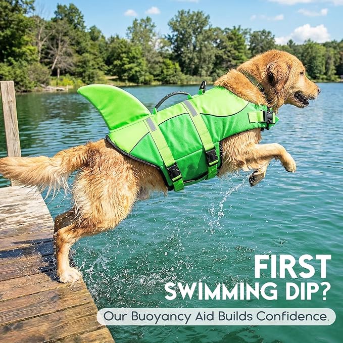 ASENKU Dog Life Jacket - Pet Safety Vest for Swimming & Boating, Shark Life Jacket with Floatation, Dog Lifesavers Swimsuits for Small Medium Large Dogs (Neongreen, XS)
